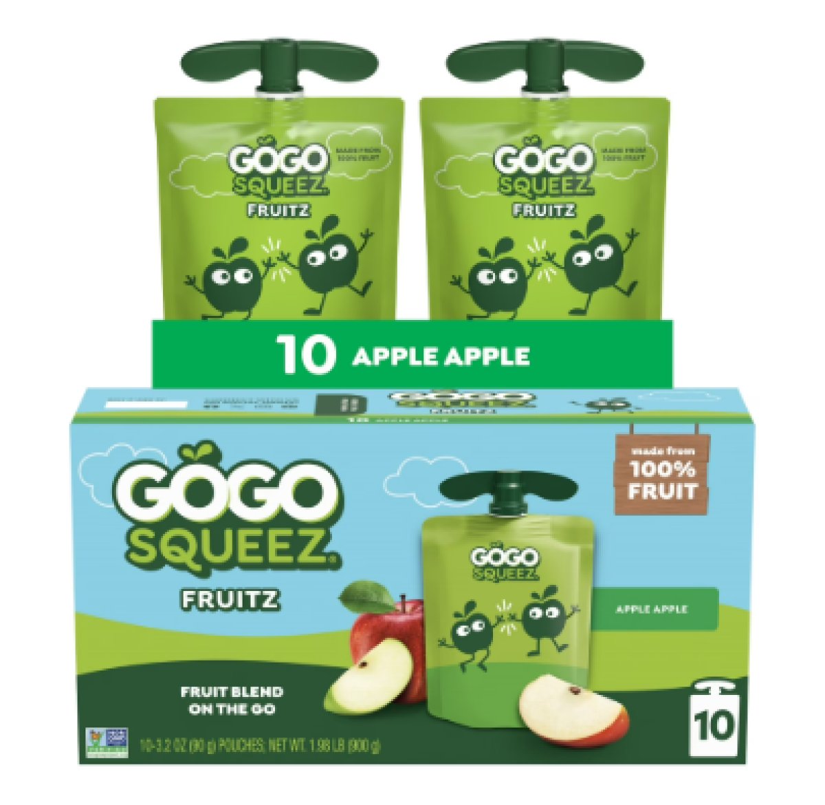 GoGo squeeZ Apple and Fruit Puree with No Added Sugar, 3.2 oz (Pack of 10)