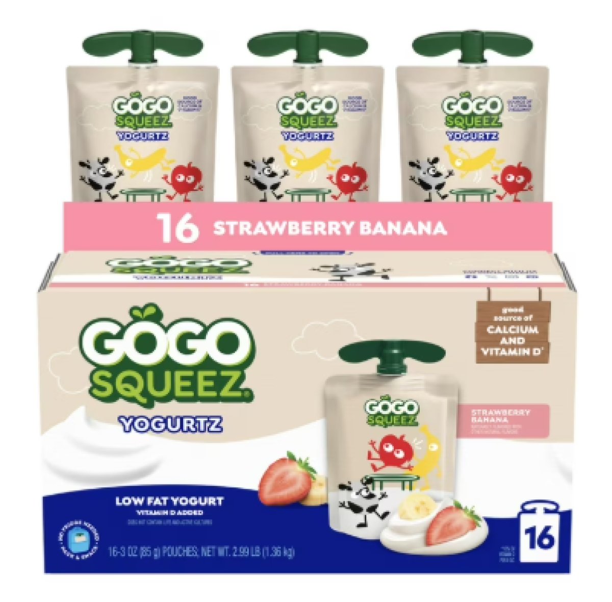 GoGo squeeZ Yogurt Snack Pouches, Strawberry and Banana, Low Fat, 3 oz (Pack of 16)