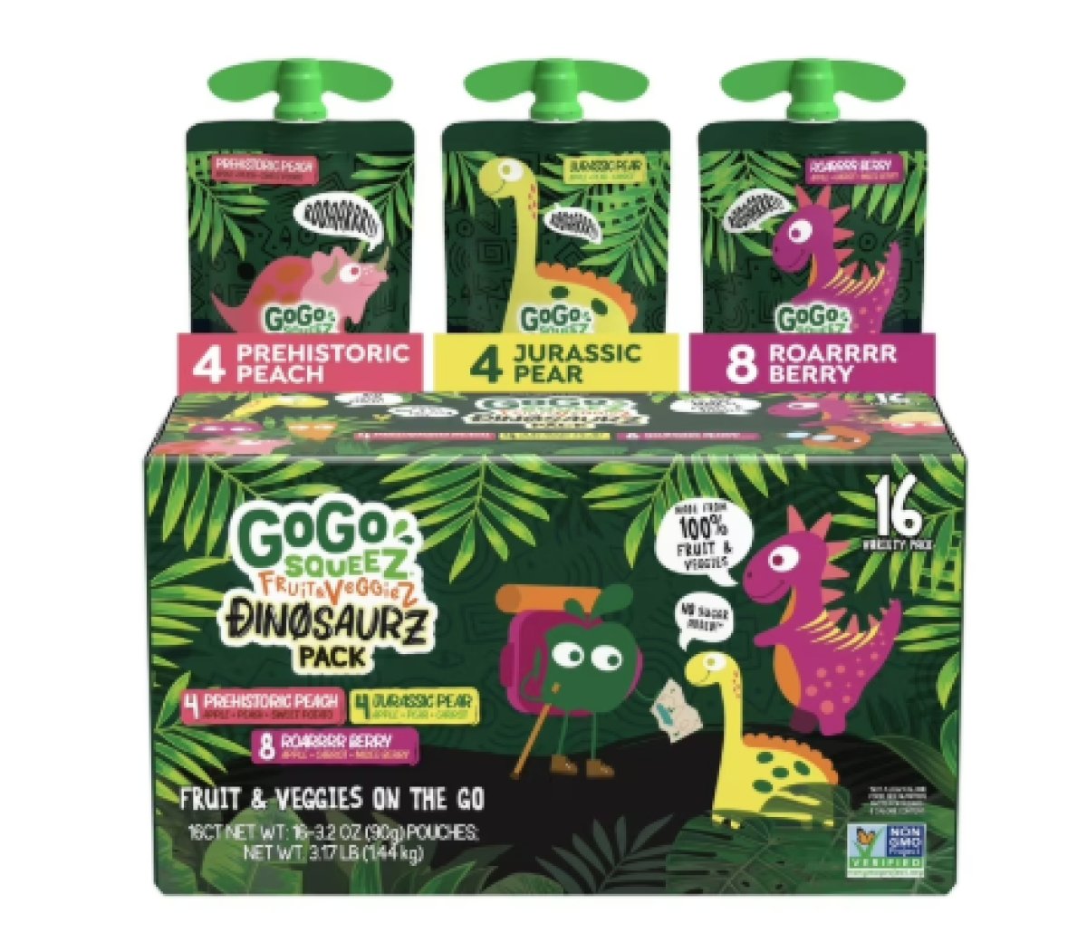 GoGo squeeZ Fruity & VeggieZ Dino Pear Carrot Apple Puree Pouches, 3.2 oz (Pack of 16)