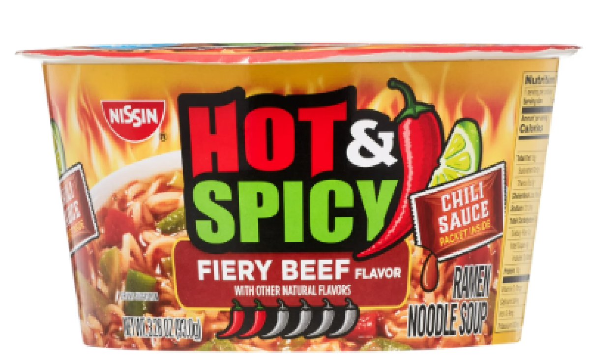 Nissin Foods Spicy and Hot Ramen Noodle Soup, Fiery Beef Flavor, 3.28 oz Bowl, Store Stable