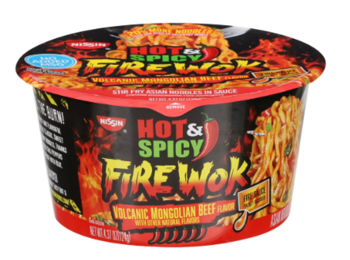 Nissin Foods Fire Wok Spicy and Hot Asian Noodle Soup, Volcanic Mongolian Beef Flavor, 4.37 oz Bowl, Store Stable