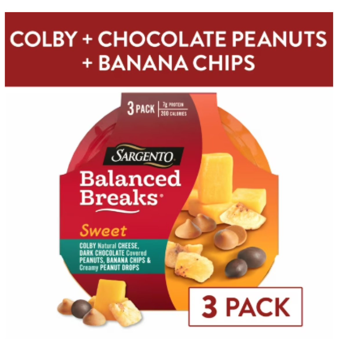 Sargento Queso Colby Sweet Balanced Breaks, Chocolate-Covered Peanuts, Bananas & Peanut Butter