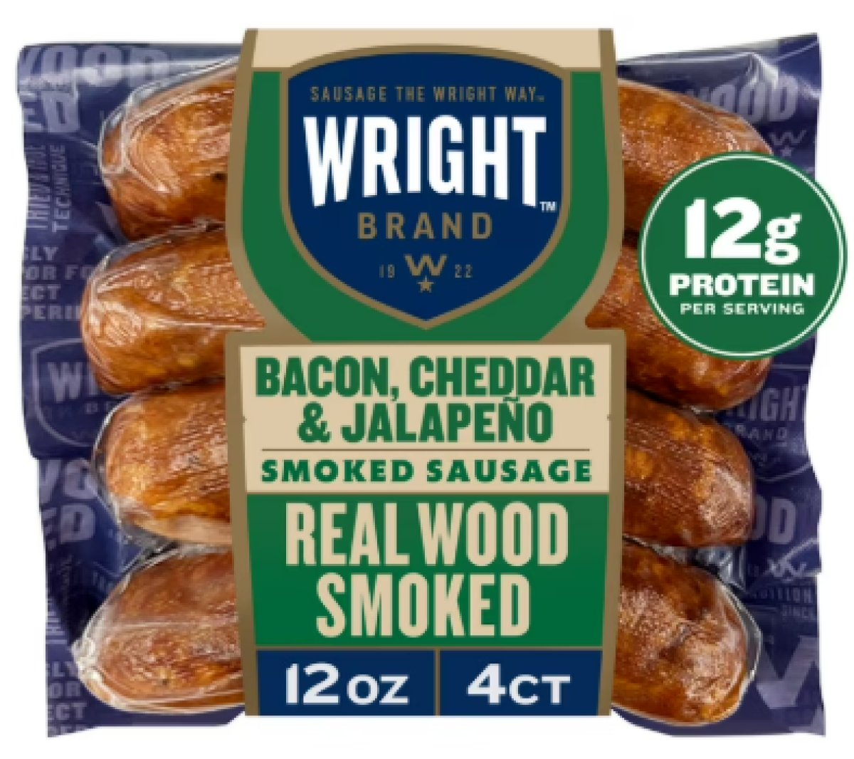 Wright Brand Smoked Sausage with Bacon, Cheddar Cheese and Jalapeño, Real Wood Smoked, 12 oz, 4 Count