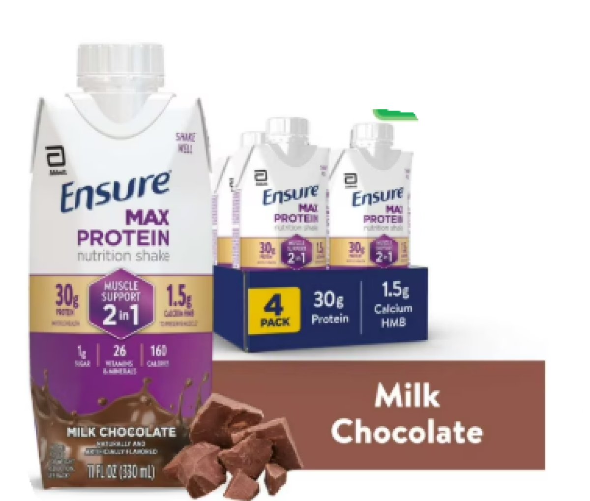 Ensure Max Protein Shake, 2-in-1 Muscle Support, 30g of Protein, Milk Chocolate, 11 fl oz, 4-Pack