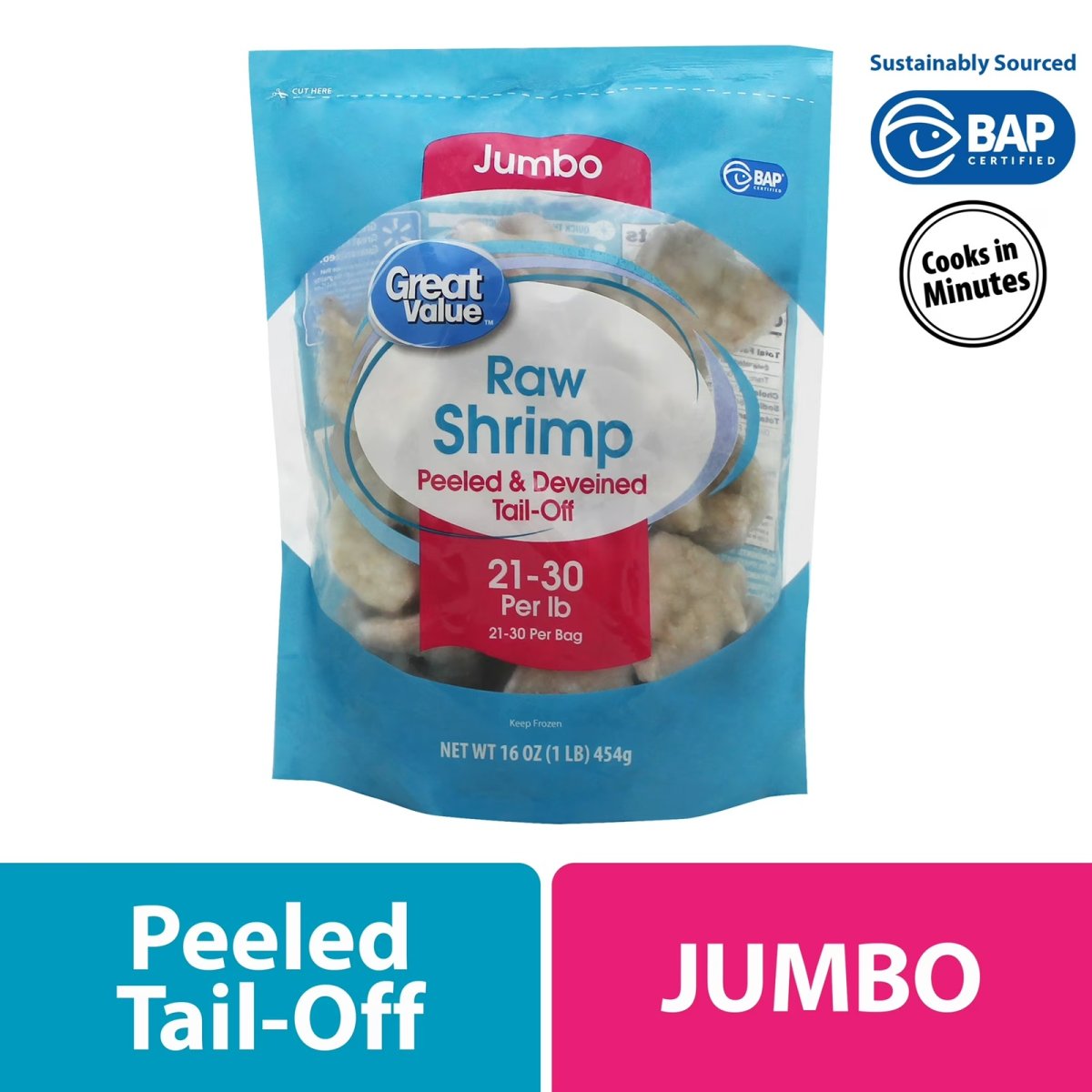Great Value Raw King Tail Shrimp 16 oz Bag (21-30 Count per Pound) (Frozen)