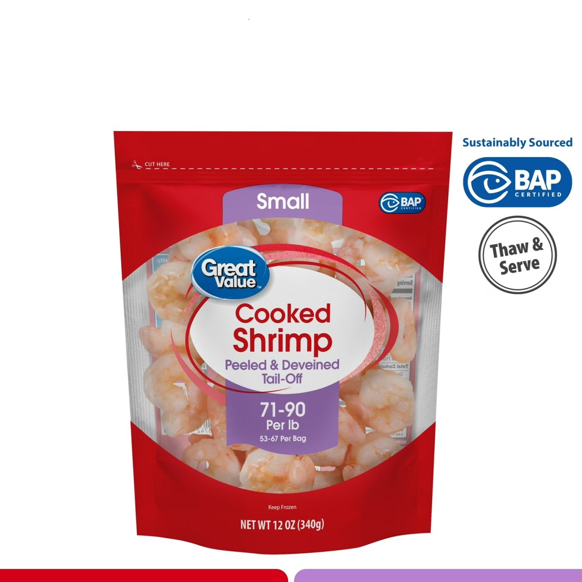Great Value Cooked, Peeled, and Deveined Small Shrimp, Frozen, 12 oz Bag (71-90 Shrimp per Pound), Contains Seafood