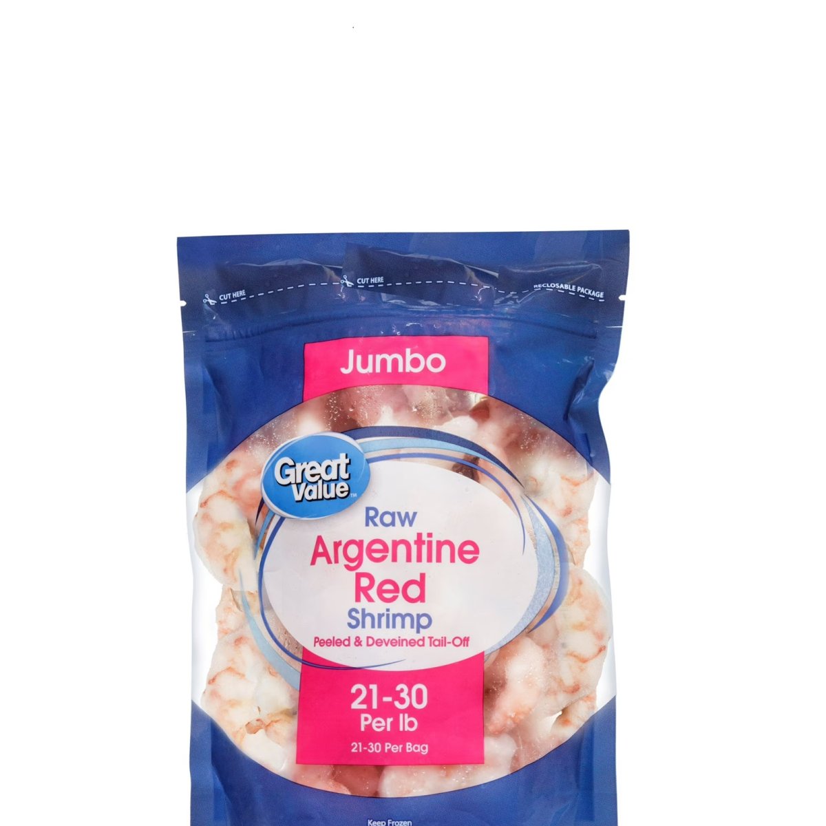 Great Value Raw Frozen Peeled and Deveined Argentine Red Shrimp, Tail Removed. 21-30 pieces per 1 lb. bag. 11g of protein per 4 oz. (113g) serving