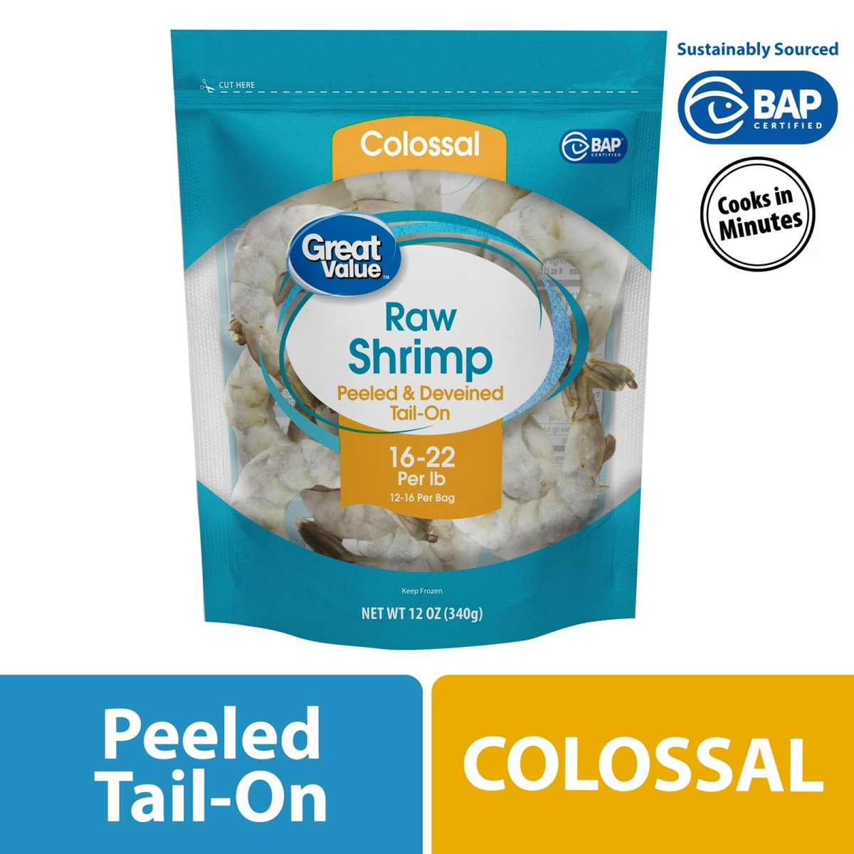Great Value Frozen Raw Colossal Peeled Deveined Tail-on Shrimp, 12 oz Bag (16-22 Count per lb)