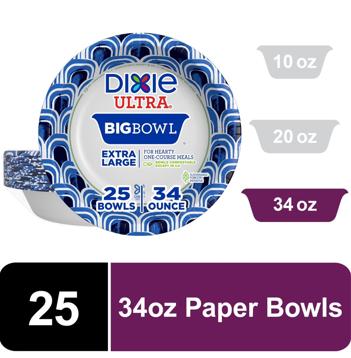 Dixie Ultra Large Disposable Paper Bowl, 34 oz, Multicolor, 25 Count