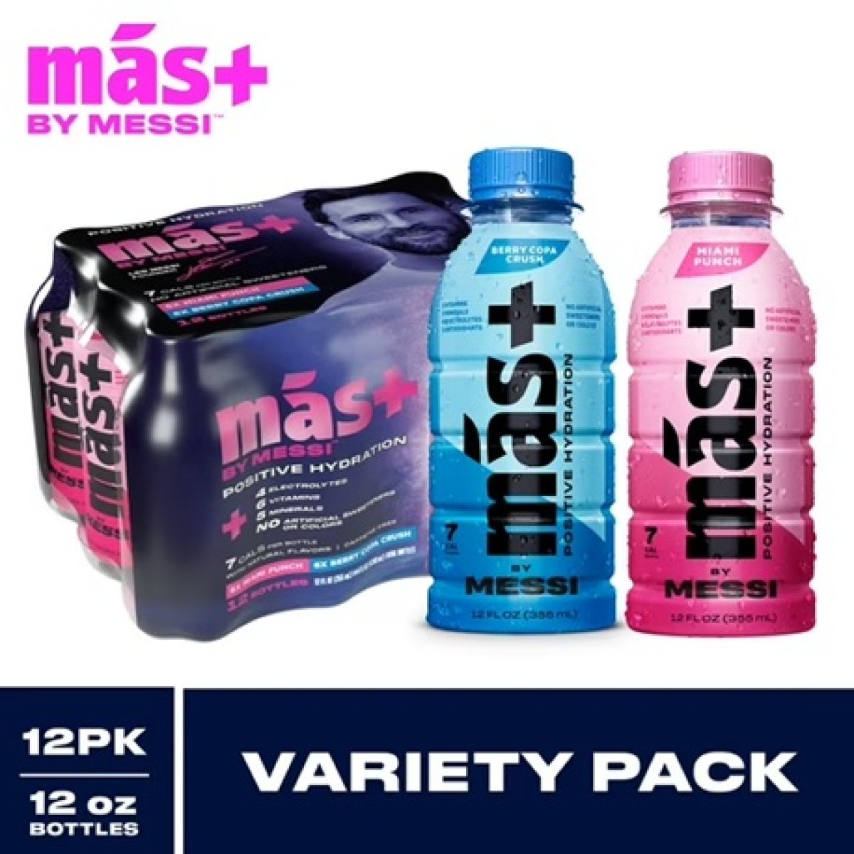 Más+ by Messi Hydration Sports Drink Variety, 12 Pack, 12 fl oz Bottles