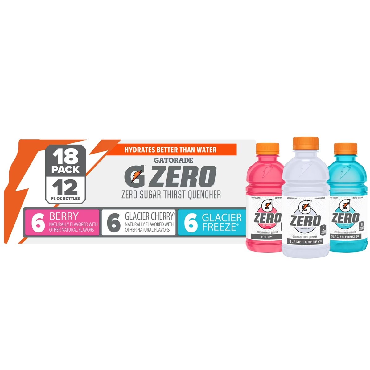 Gatorade Zero Sports Drinks, Berry/Glacier Cherry/Glacier Freeze Variety Pack, 12 fl oz, 18 Count