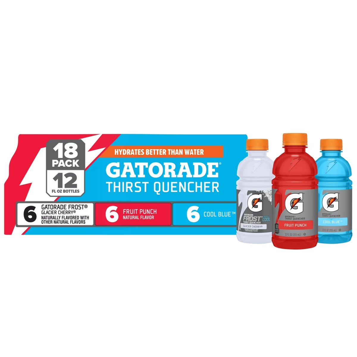Gatorade Sports Drink, Fruit Punch/Glacier Cherry/Cool Blue Variety Pack, 12 fl oz, 18 Count Bottles