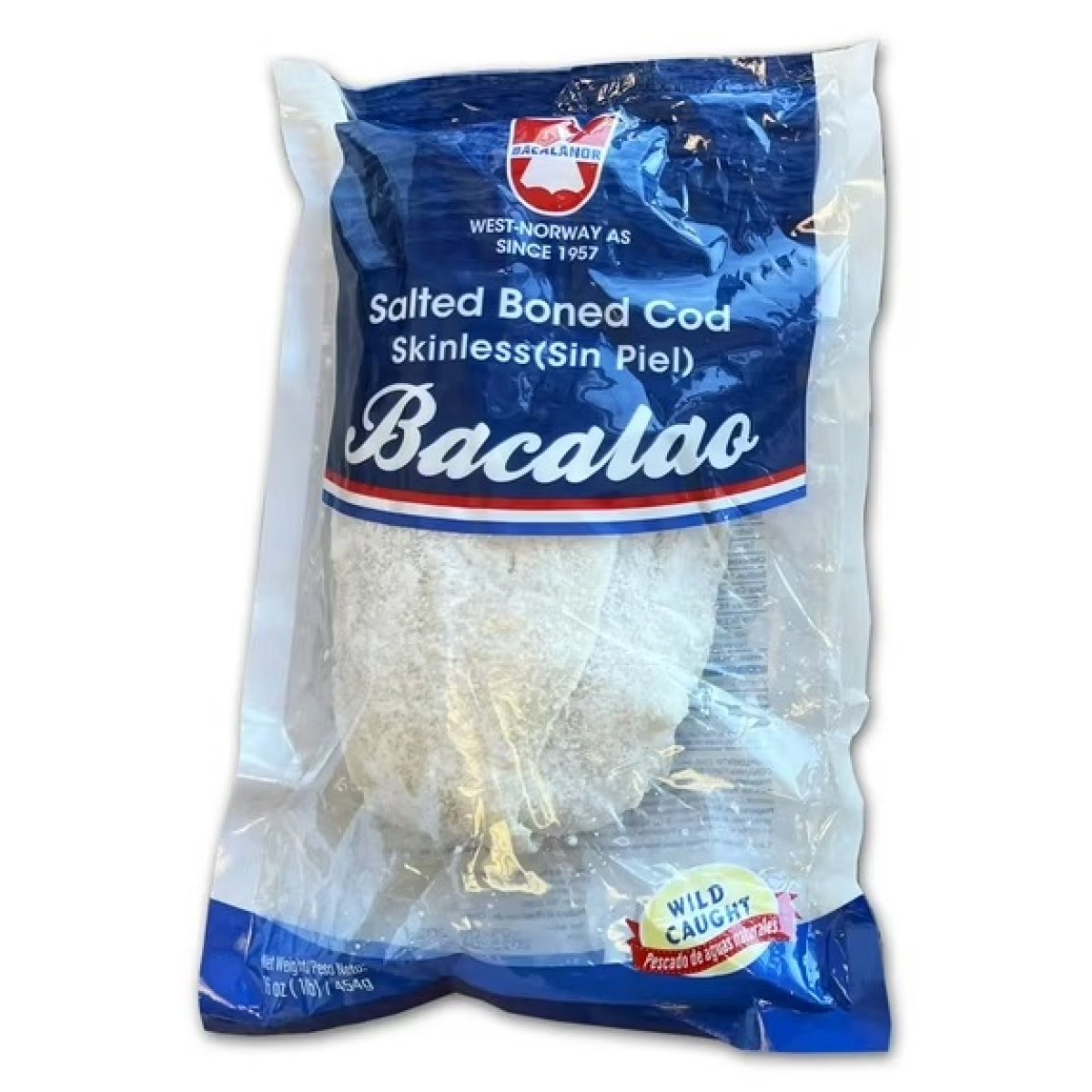 Salted Skinless Cod Fillet (Bacalao), 1 lb. Bag. MSC Certified. 13g Protein per Serving. Contains: Fish (Cod).
