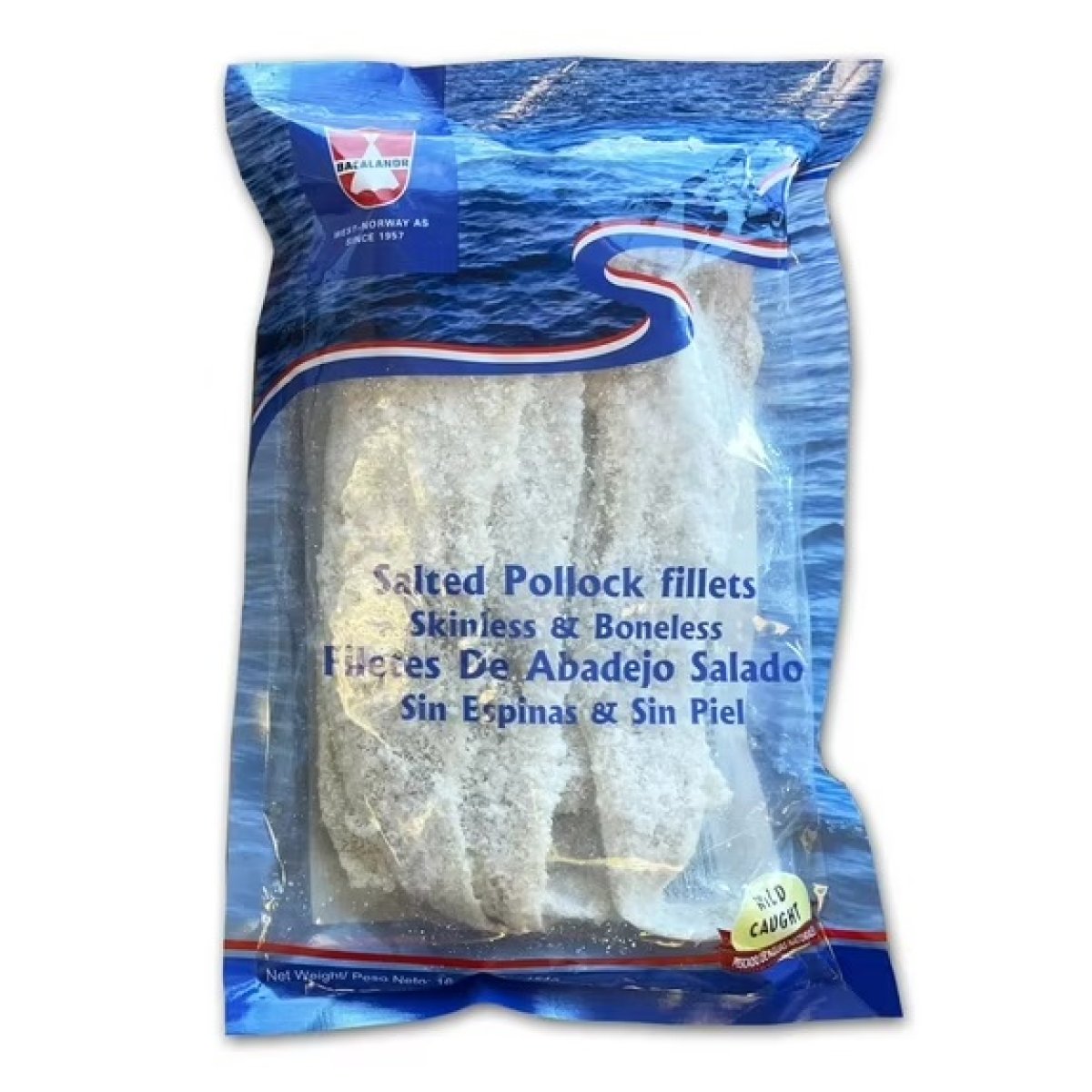 Bacalanor Salted Boned Pollock Fillets, 1 lb. Bag. Wild Caught. 12g Protein per 2 oz. (56 g) Serving. Contains: Fish (Pollock).