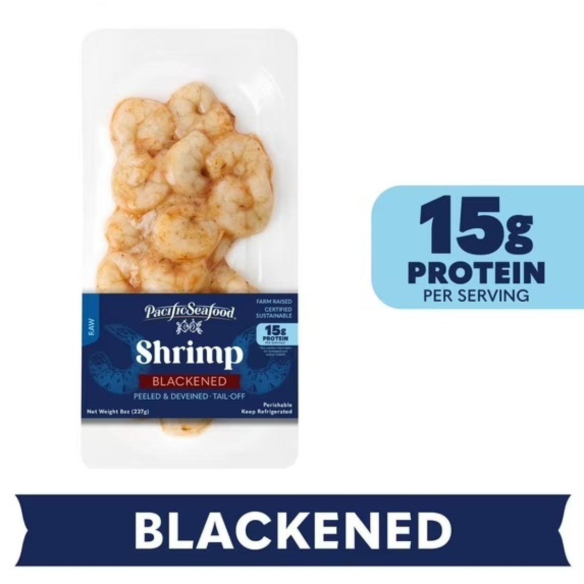 Fresh PF Raw Blackened Peeled and Deveined, Tail-off Shrimp, 8 oz Tray (17-21 Ct.). Average 19 Whole Allergens: Shrimp.