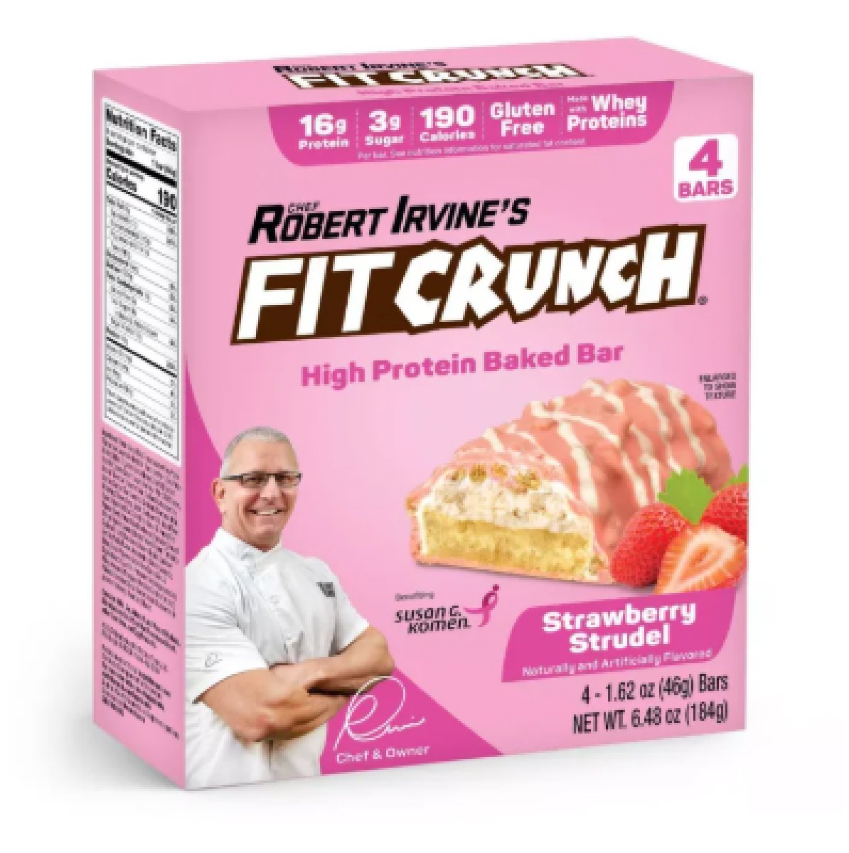 FITCRUNCH Strawberry Strudel Baked Protein Bar, 16g of Protein, 4 Units