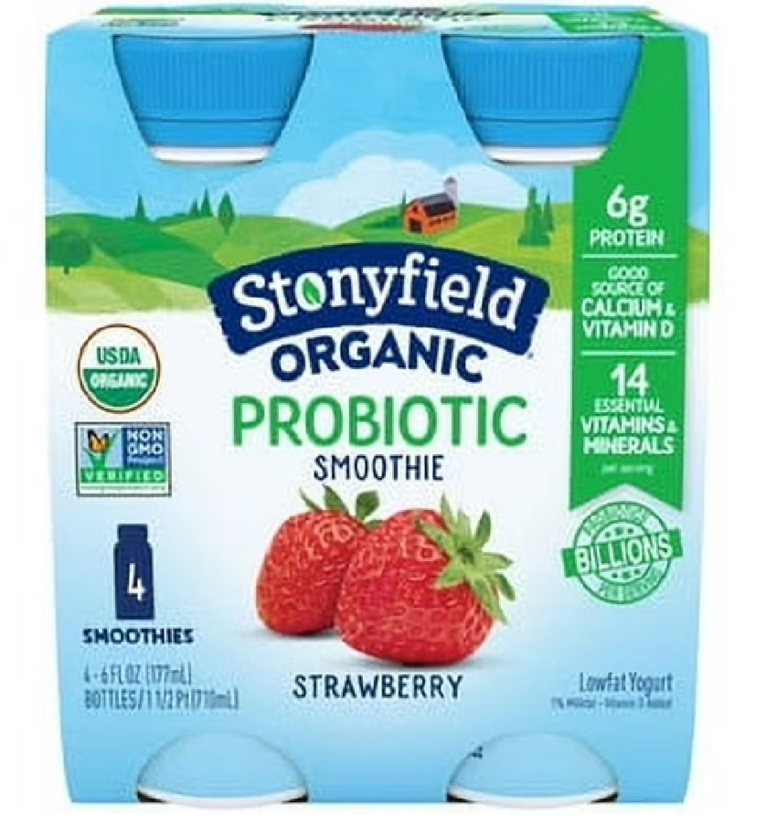 Stonyfield Low Fat Strawberry Probiotic Organic Yogurt Smoothies, 4 Count 6 fl. oz. Bottles