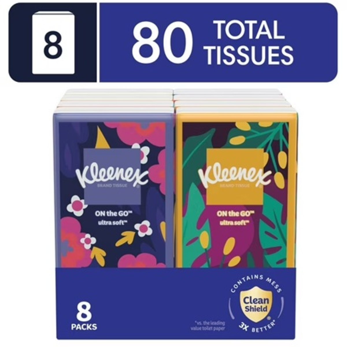 Kleenex On-The-Go Facial Tissues, 8 On-The-Go Packs, 10 Tissues per Pack, 3-Ply
