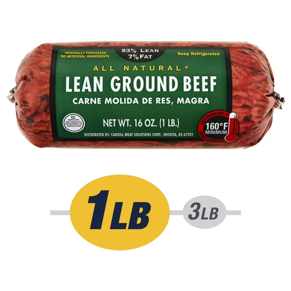 Lean Ground Beef 93% / 7% Fat, 1 Pound Roll, Fresh, All Natural