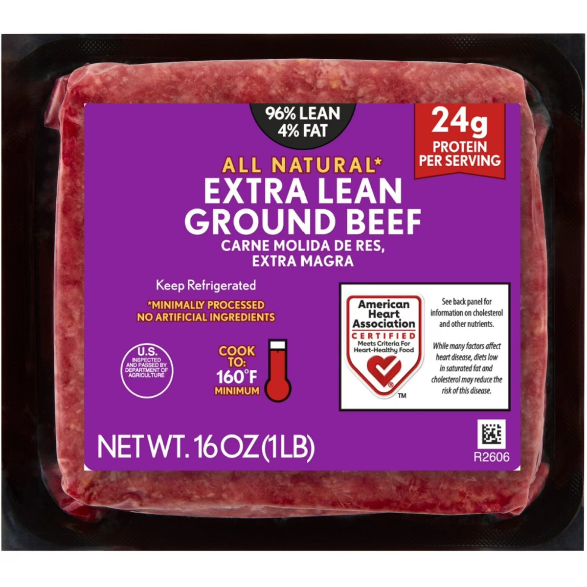 96% Lean / 4% Fat Extra Lean Ground Beef, 1 Brick Pound, Fresh, All Natural