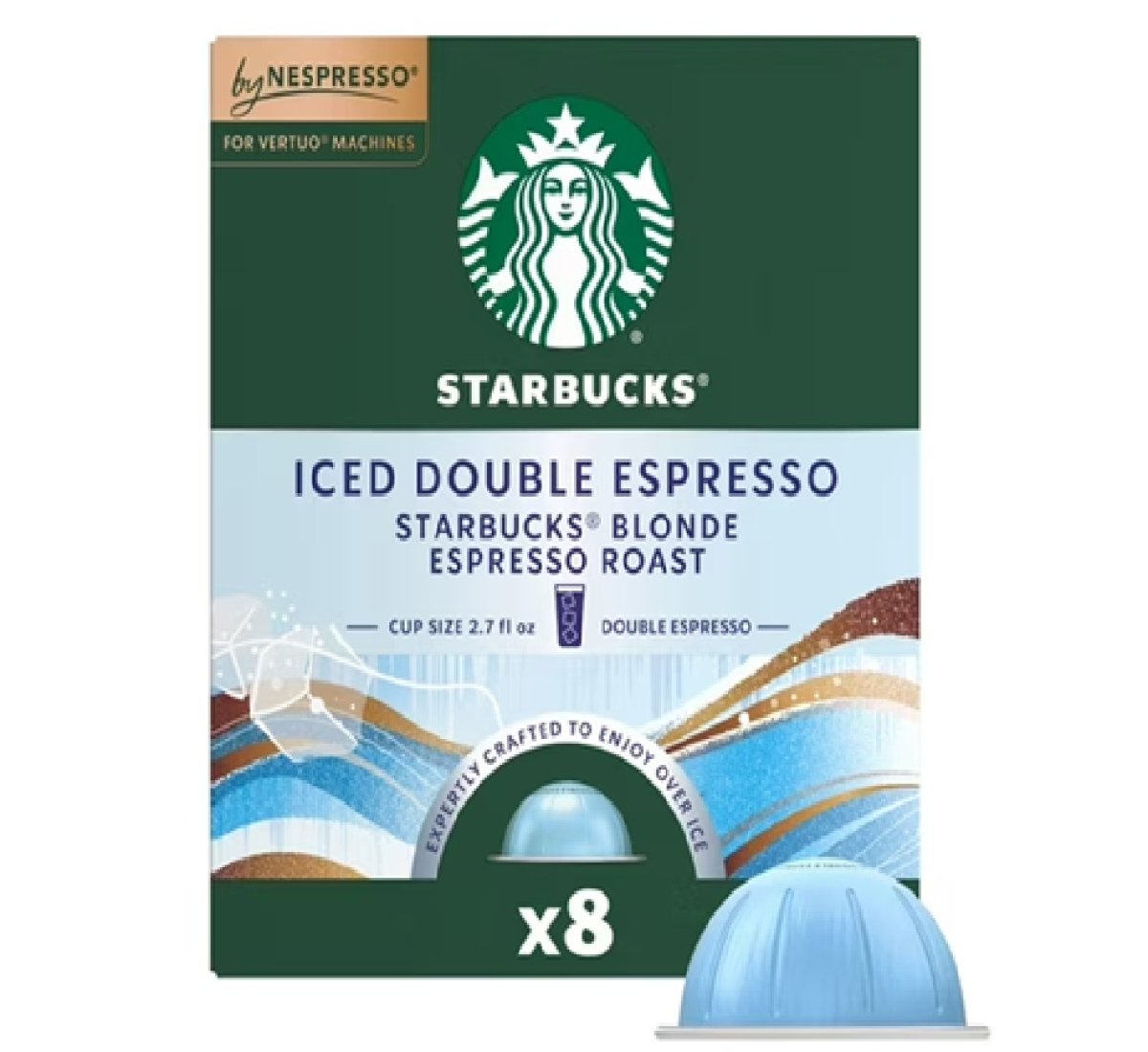 Starbucks by Nespresso Vertuo, Iced Double Espresso, Starbucks Blonde Roast Coffee, 8 Capsules