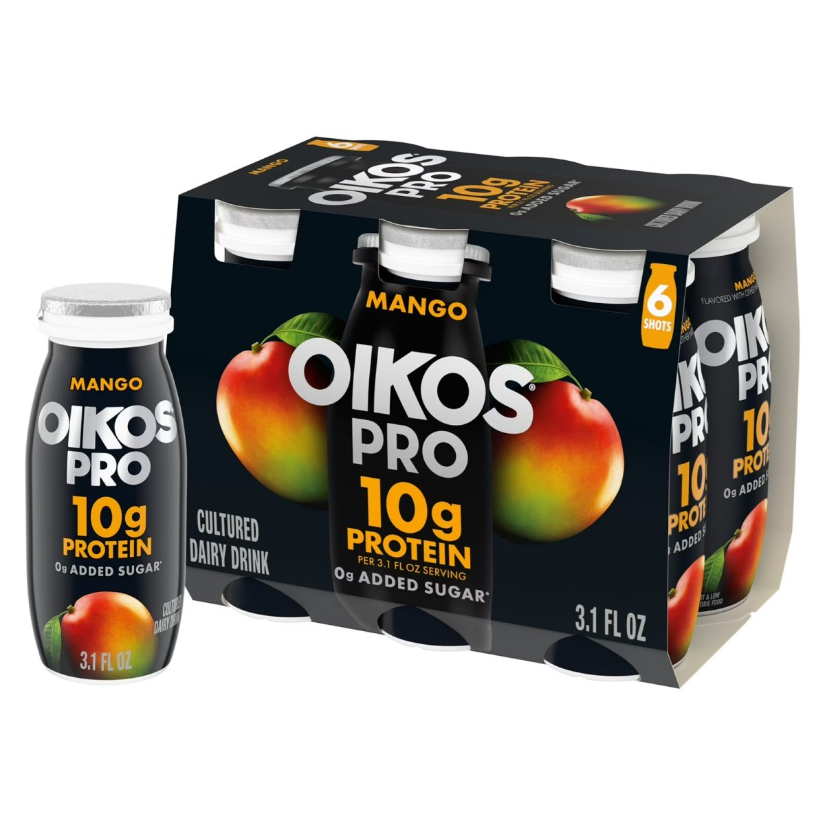 Oikos Pro Mango Dairy Drink, 10g of Protein, 0g Added Sugar, Convenient High Protein Snack, 3.1 fl oz Bottle, 6 Count
