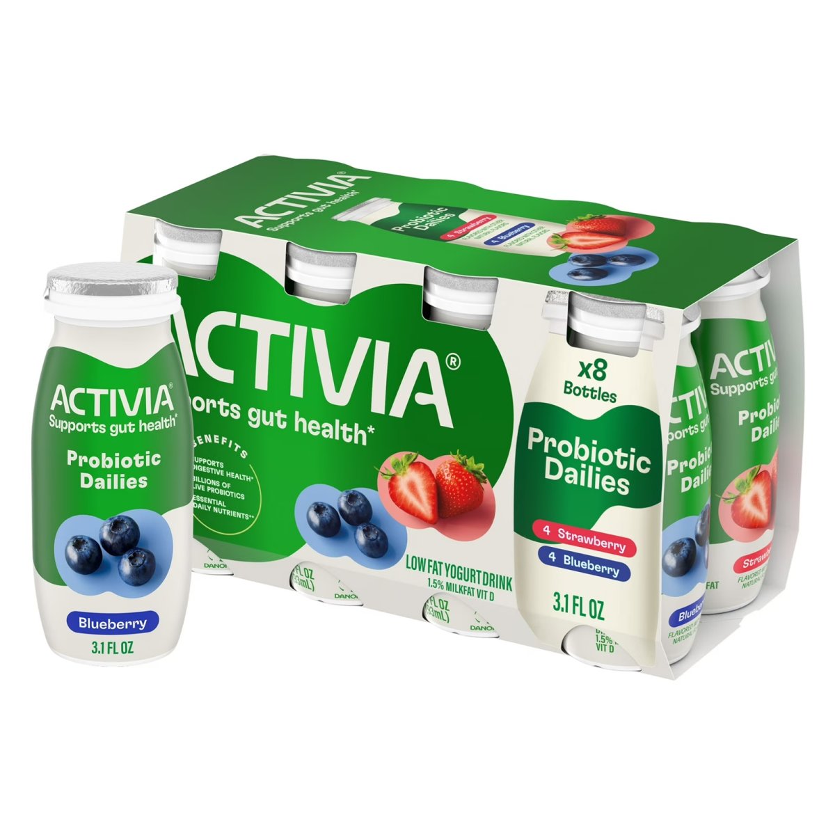 Activia Probiotic Dailies Strawberry and Blueberry Low Fat Probiotic Yogurt Drinks, Helps Support Gut Health, 3.1 fl oz, 8 Count
