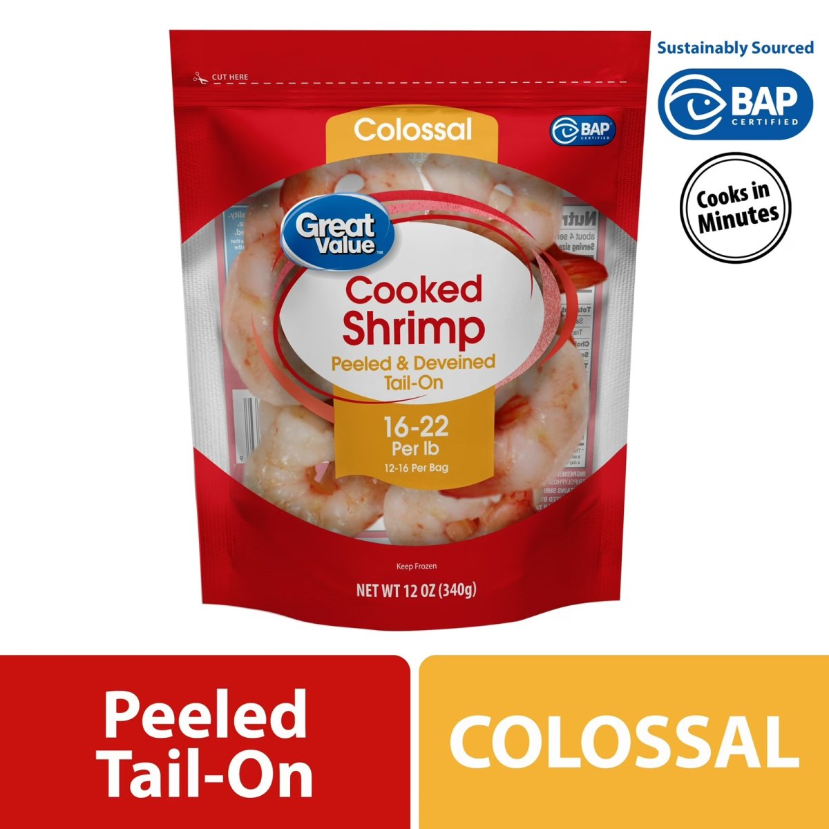 Great Value Cooked, Peeled, and Deveined Shrimp, Cooked Frozen 12 oz Bag (16-22 Shrimp per Pound)