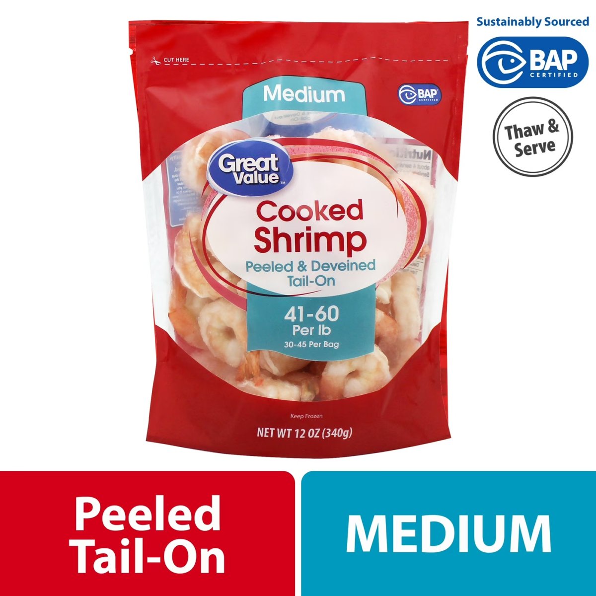 Great Value Cooked Shrimp, Medium, Peeled and Deveined, 12 oz Bag (41-60 Count per Pound), Contains Seafood