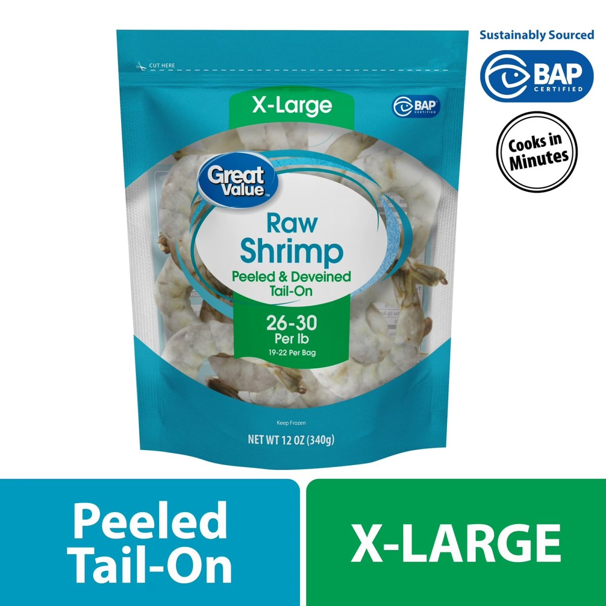 Great Value Frozen Peeled Tail Extra Large Shrimp, 12 oz Bag (26-30 Count per Pound)