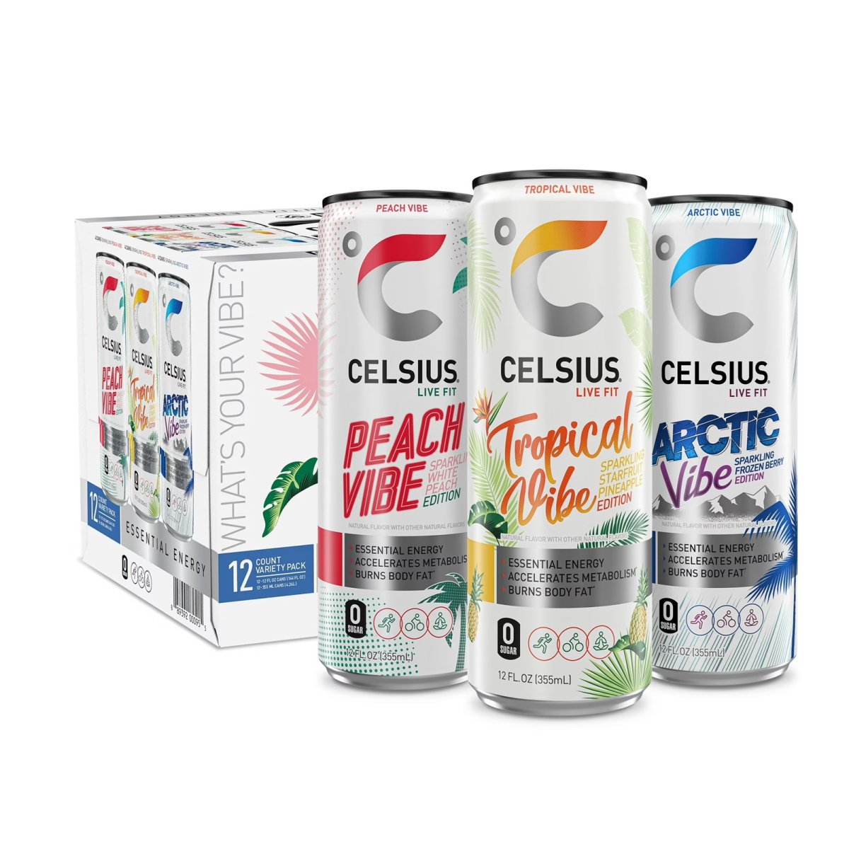 CELSIUS Sparkling Vibe, 12 Fl Oz Functional Energy Drink Variety Pack (Pack of 12).