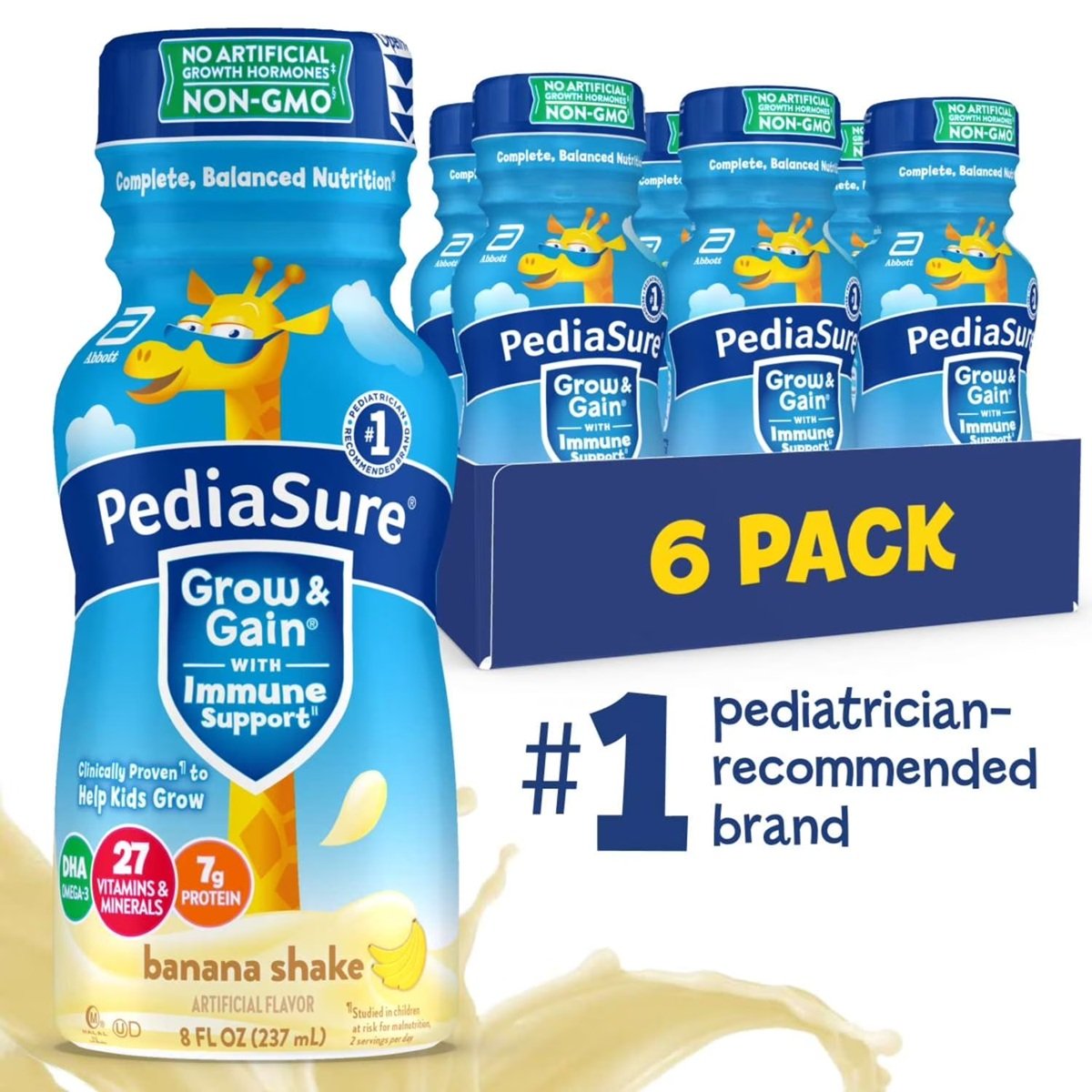 PediaSure Grow & Gain with Immune Support, 7g Protein, Banana, 8-fl-oz Bottle, Pack of 6