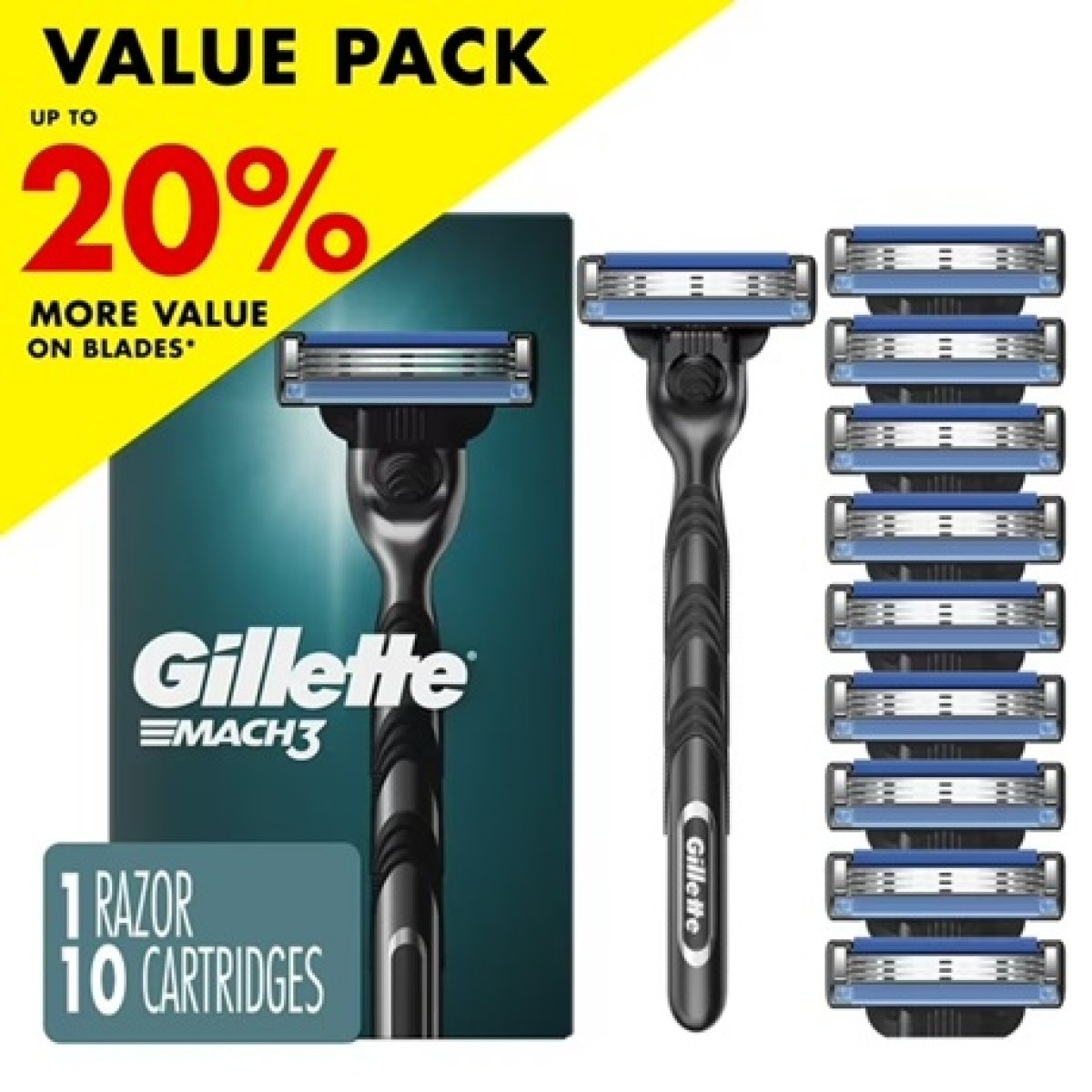 Gillette Mach3 Men's Razor, 1 Gillette 3-Blade Razor Handle for Men's Personal Grooming, 10 Razor Blade Refills, Razor Blades with Lubricating Strip