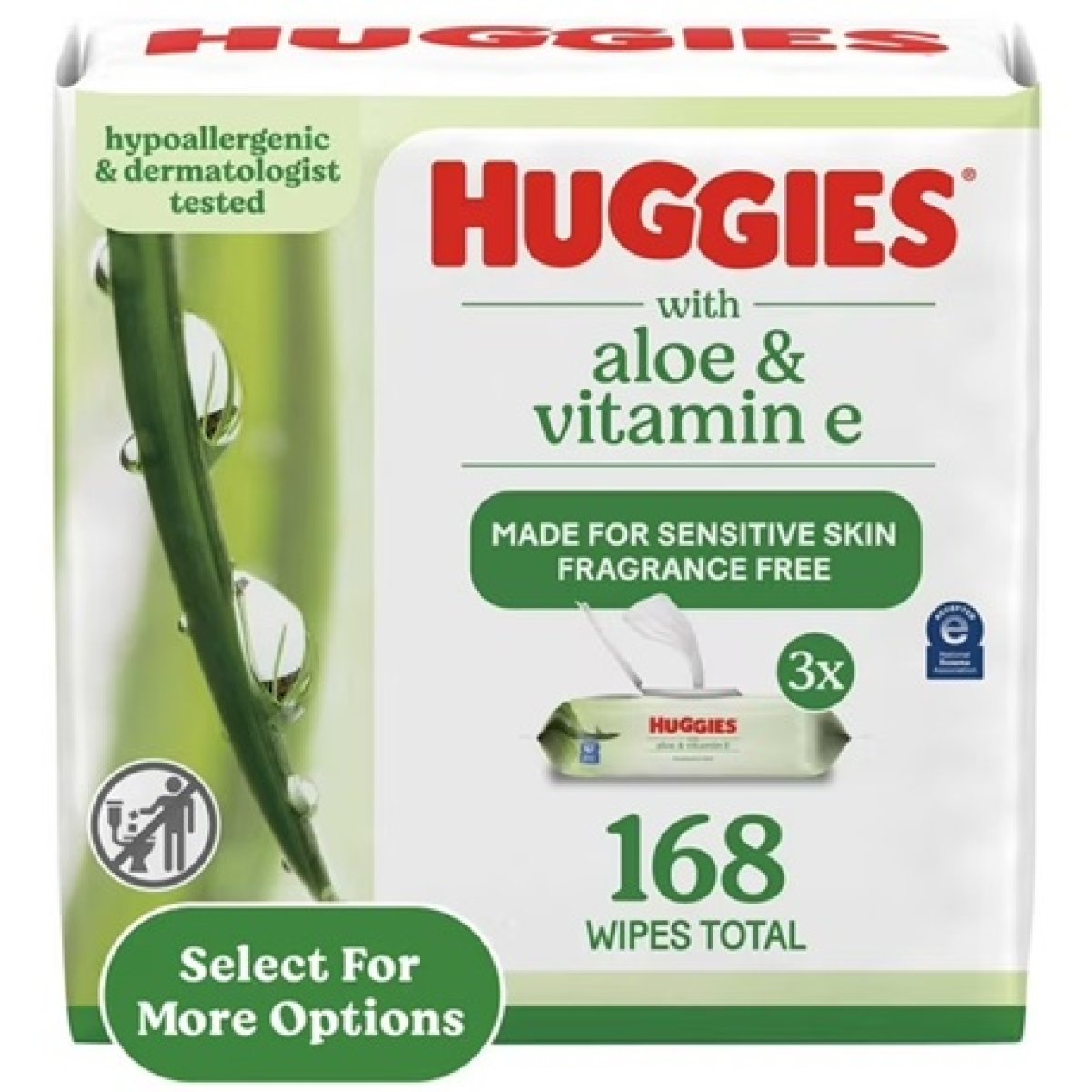 Huggies Wipes with Aloe and Vitamin E, Unscented, 3 Packs with Flip-Top Lid, 168 Units Total (Select for More)