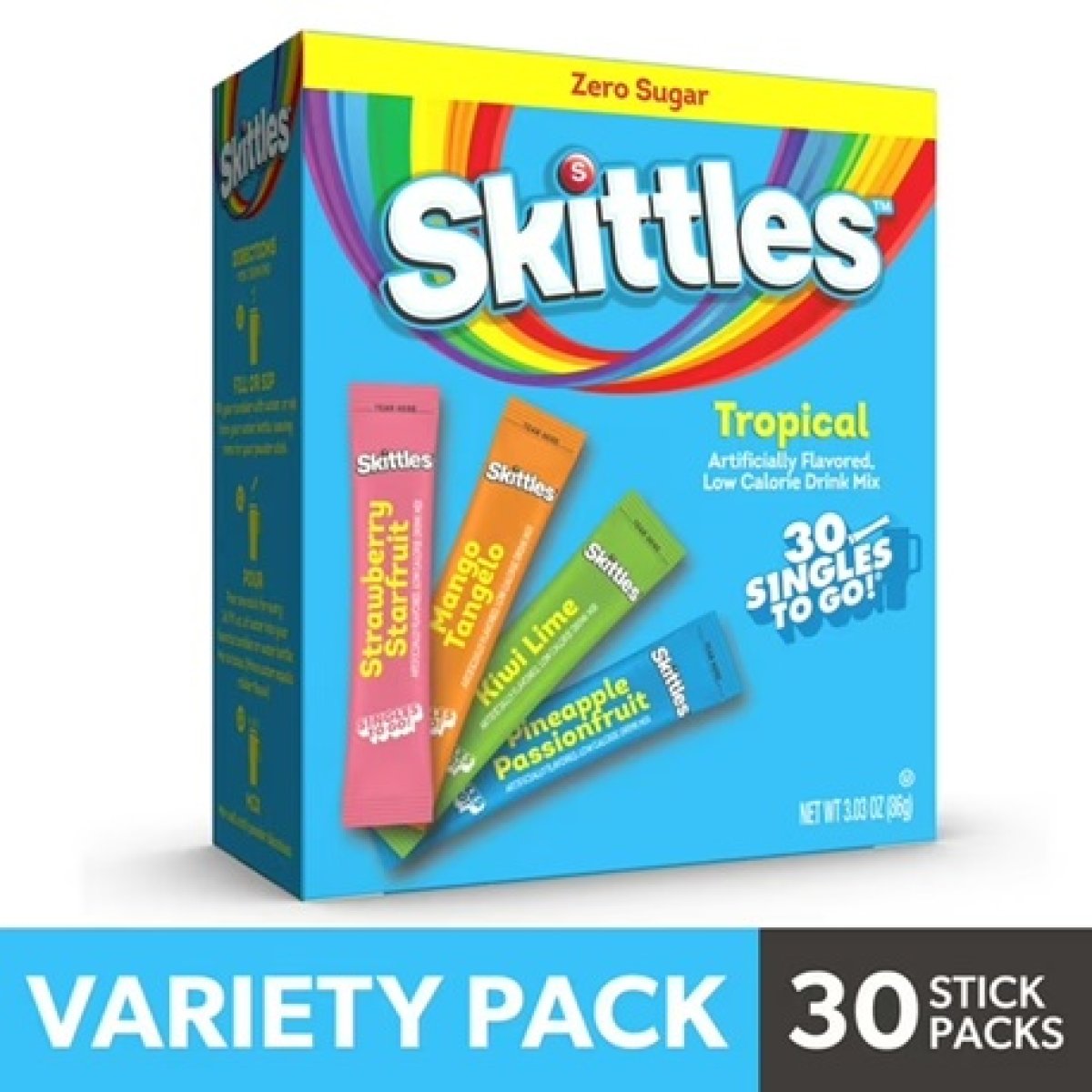 Skittles Powdered Drink Mix On-the-Go Variety Pack, Sugar-Free, Tropical, 30-Count Packs