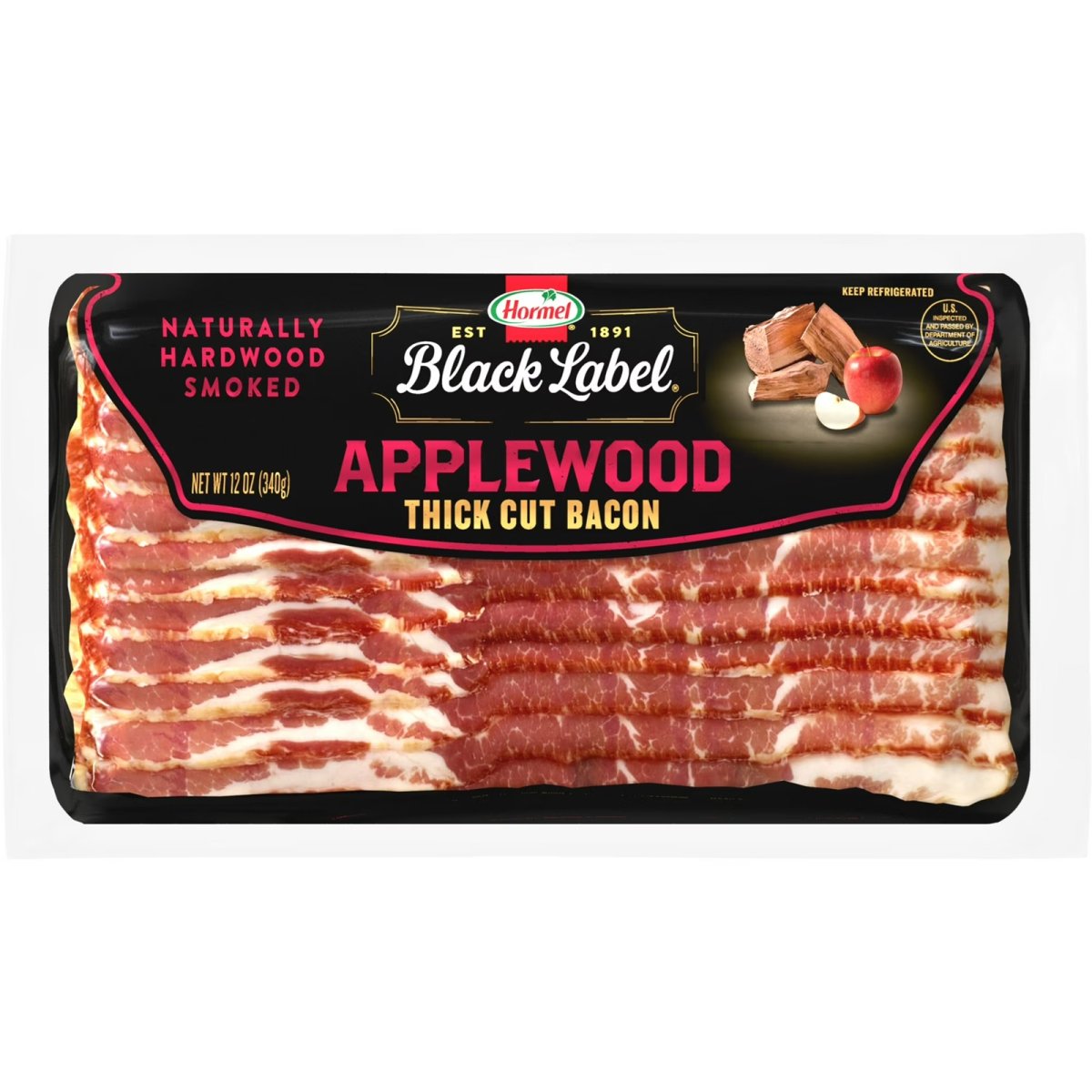 HORMEL BLACK LABEL Bacon, Premium Applewood, Gluten-Free, Refrigerated, 12 oz Plastic Bag