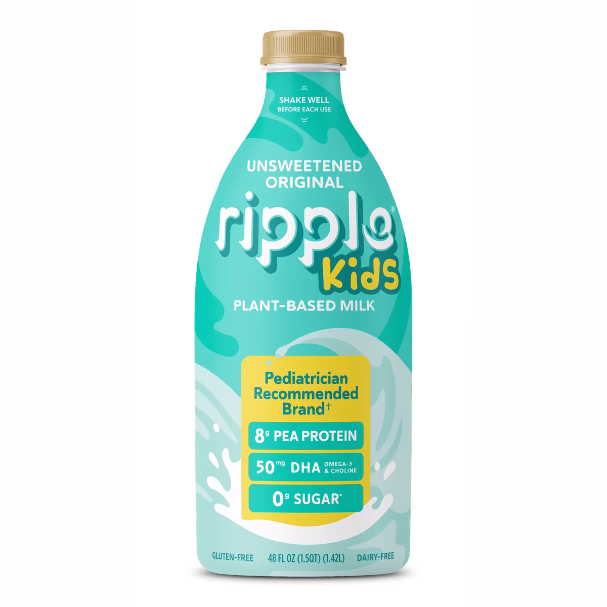 Ripple Kids Original Unsweetened Plant-Based Milk, 48 fl oz Refrigerated Bottle, Pediatrician-Approved, DHA & Prebiotic Fiber