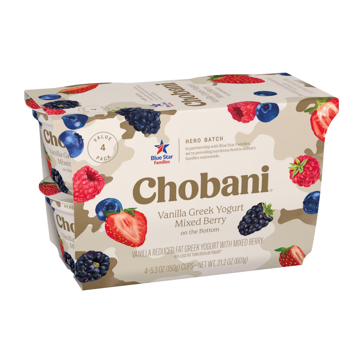Chobani Low-Fat Vanilla Greek Yogurt Mixed Berry On The Bottom, Hero Batch 5.3oz 4PK