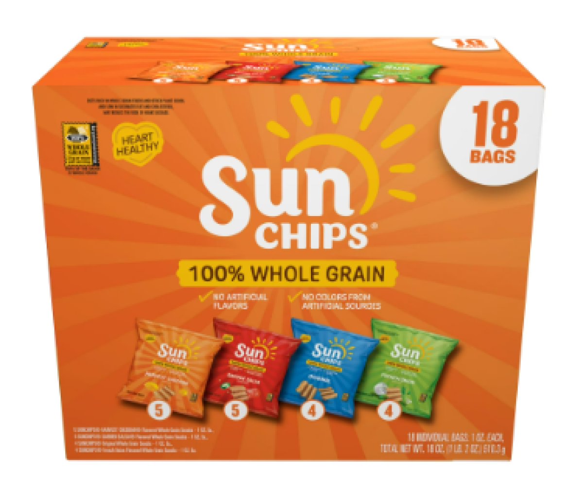 SunChips 100% Whole Grain Snacks, Variety Pack of 4 Flavors, 1 oz, 18 Units
