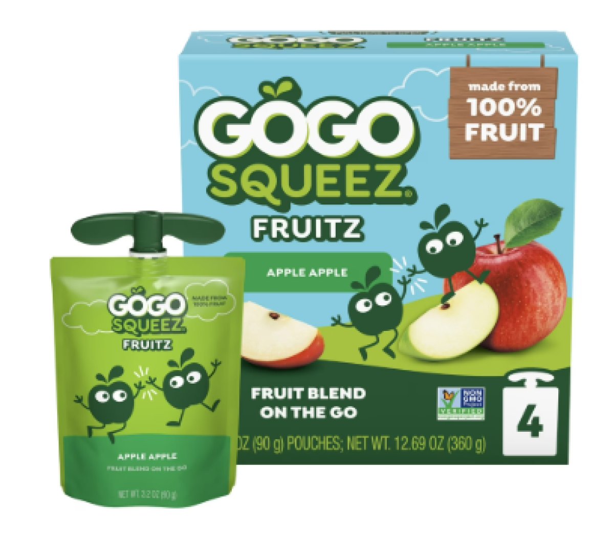 GoGo squeeZ No Added Sugar Apple Puree & Fruit Puree, 3.2 oz (4 Pack