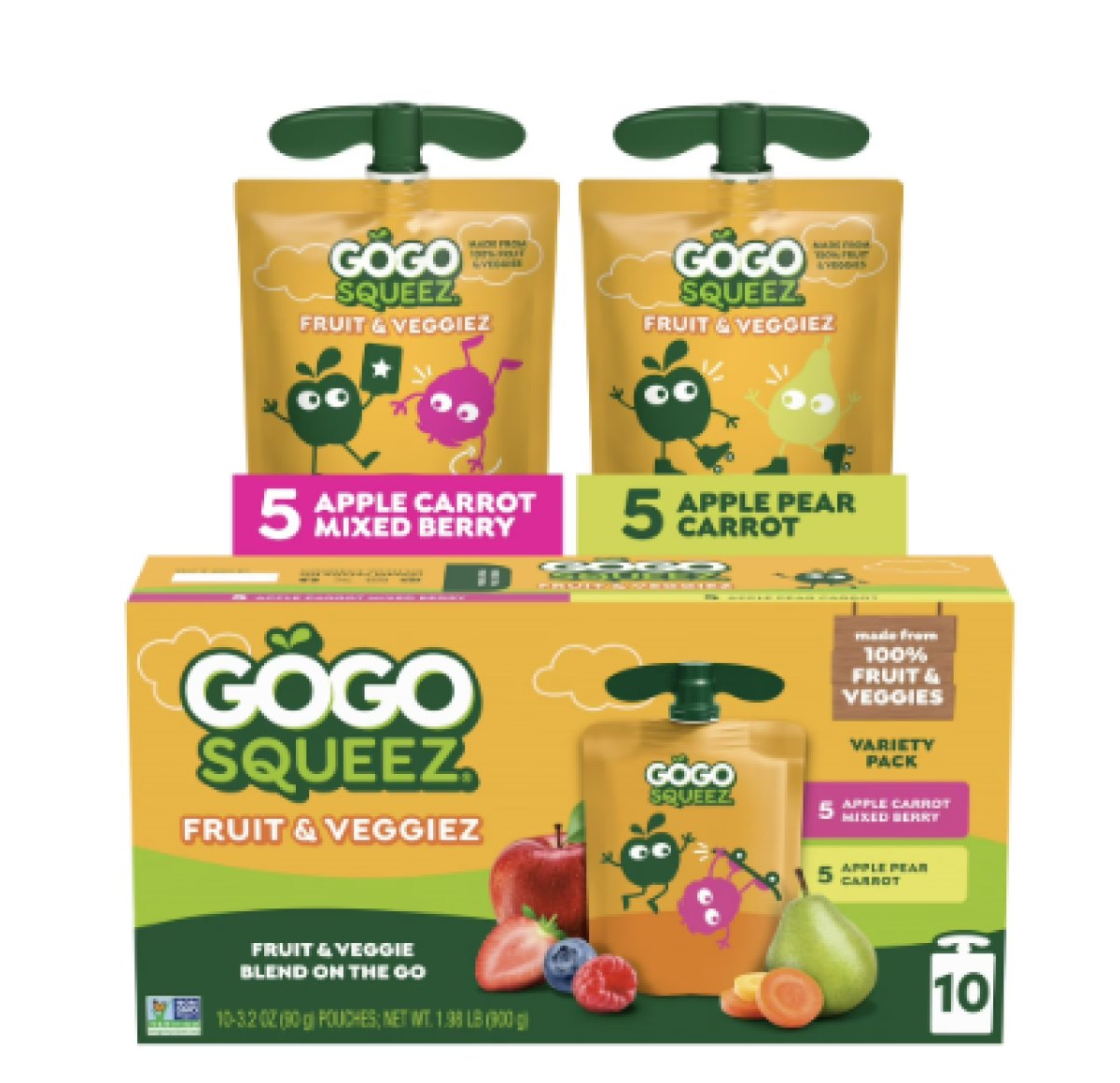 GoGo squeeZ Fruit & Veggiez Variety Pouches of Apple Puree with No Added Sugar, 3.2 oz (Pack of 10)