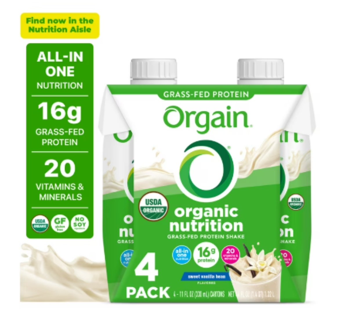 Orgain Organic Nutritional Protein Shake 16g Grass Fed, Vanilla Bean 11 oz, 4 Count
