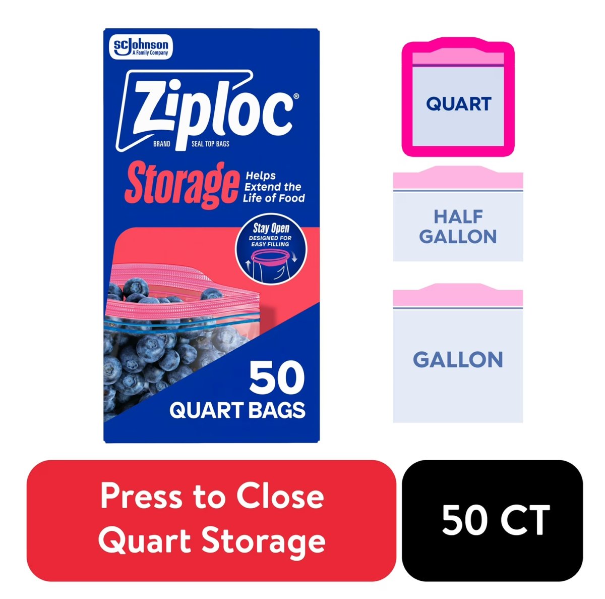 Ziploc School Tiles Storage Bags with Grip 'n Seal Technology, Quart, 50 Count