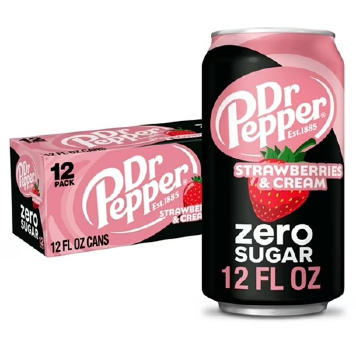 Dr Pepper Zero Sugar Strawberries and Cream Soda Pop, 12 fl oz, 12 Pack Cans
