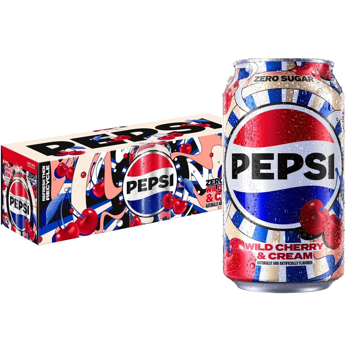 Pepsi Zero Sugar Wild Cherry & Cream Soda 12 fl oz, 12 Cans