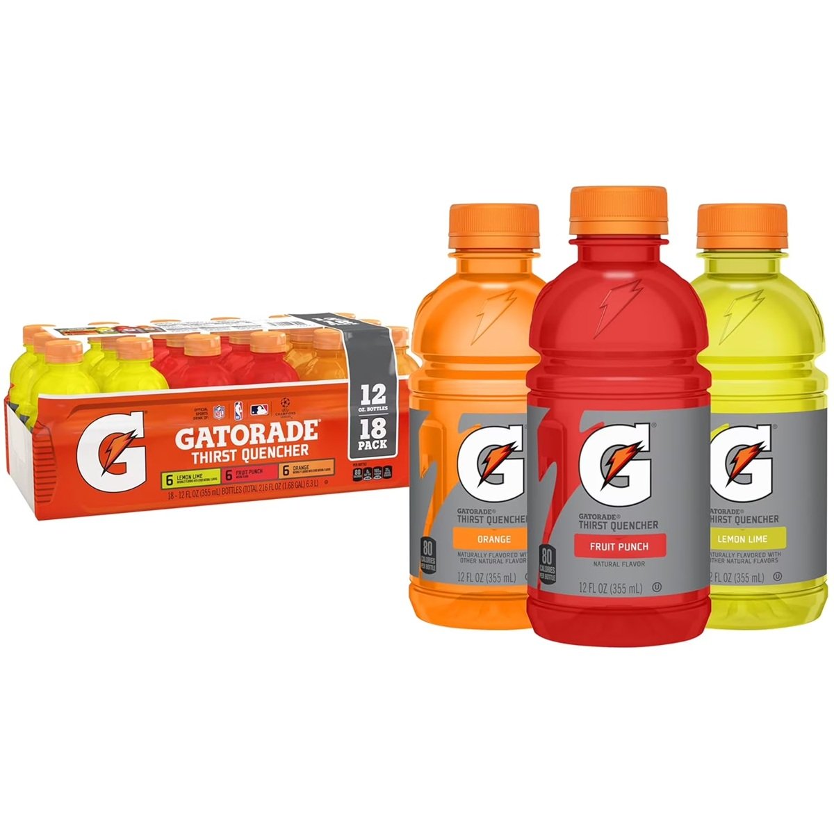 Gatorade Sports Drinks, Lemon Lime/Orange/Fruit Punch Variety Pack, 12 fl oz, 18 Count Bottles