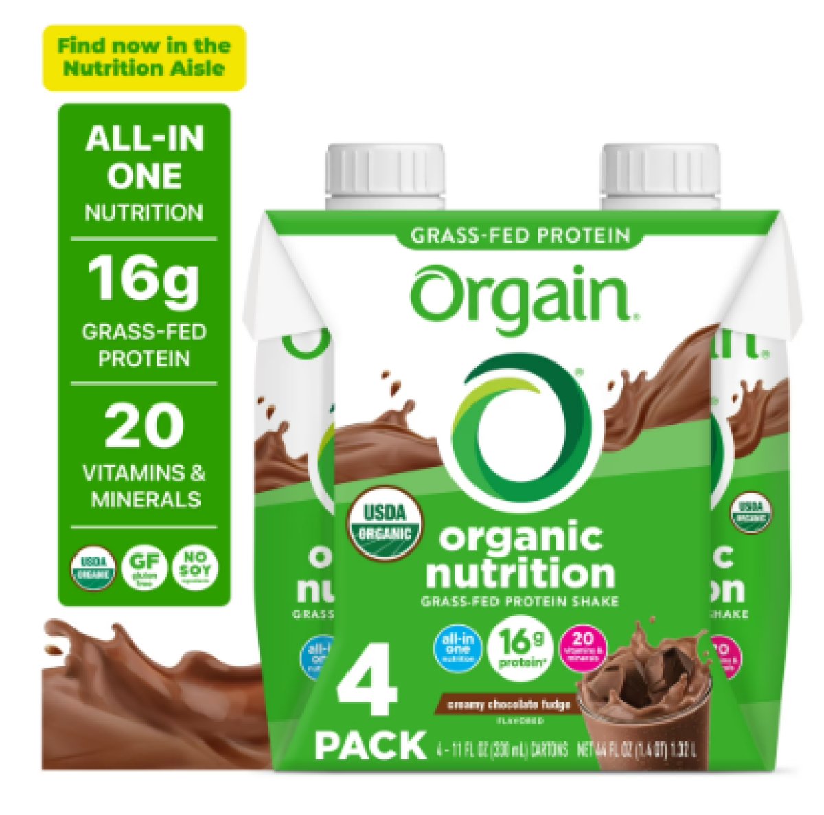 Orgain Organic Nutritional Protein Shake 16g, Creamy Chocolate Fudge, 11 oz, 4 Count