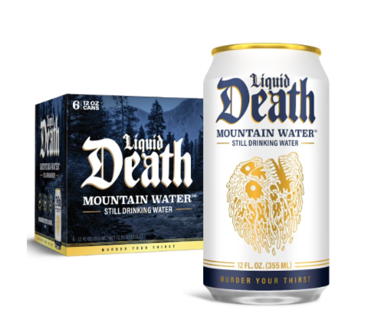 Liquid Death, Still Mountain Water, 6-Pack Cans (12 oz Cans), Real Mountain Source, Infinitely Recyclable Cans