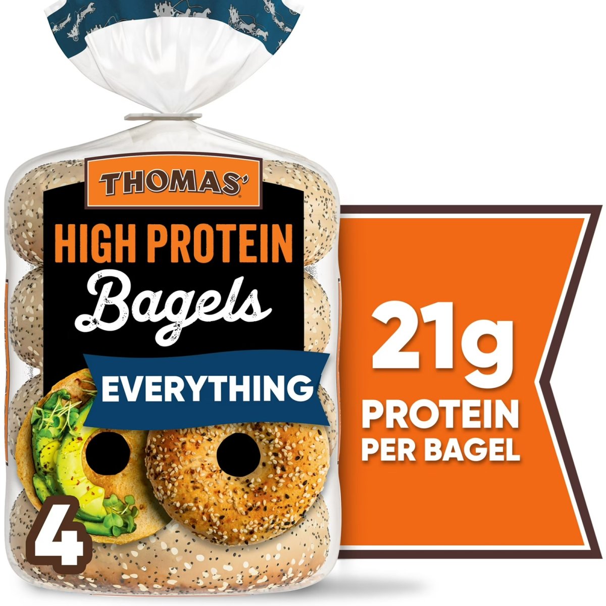 Thomas' Bagels All High Protein 4 Count, 21 G Protein, Kosher Bagels, 15.5 oz Bag