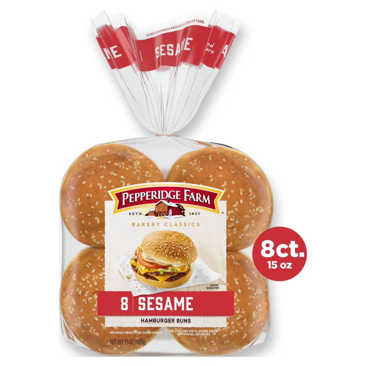 Pepperidge Farm Sesame Topped Hamburger Buns, 8-Pack Bag